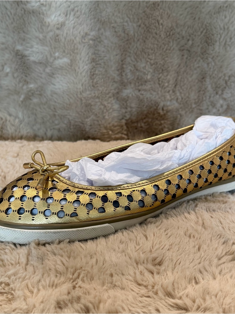 Tory Burch Skyler Ballerina Trainers Metallic Gold Perforated Leather - Picture 6 of 10